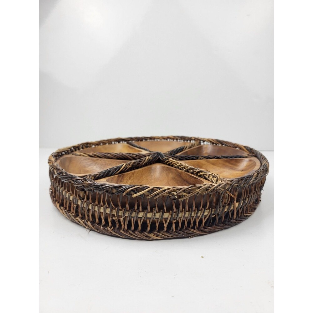 Vintage MCM Wood And Rattan Serving Platter Hand Crafted 12 Inch - Picture 5 of 7